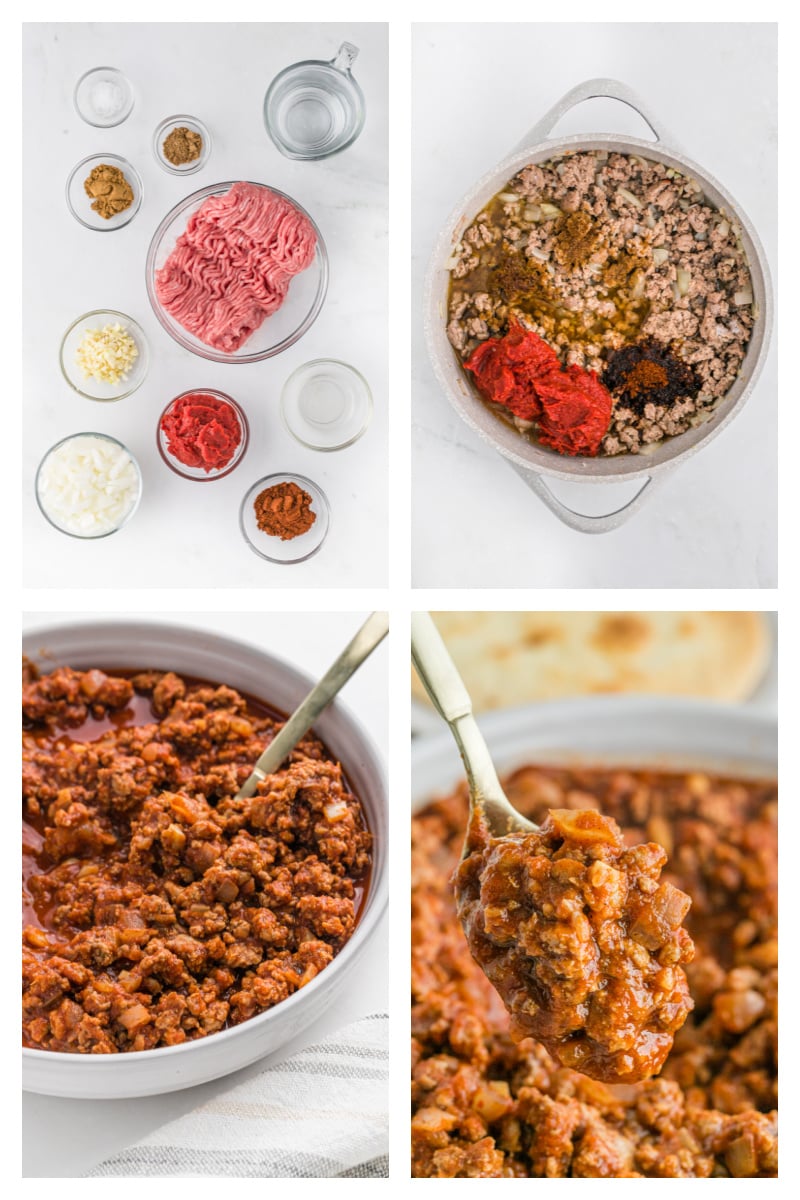 four photos showing how to make meat sauce for tostadas