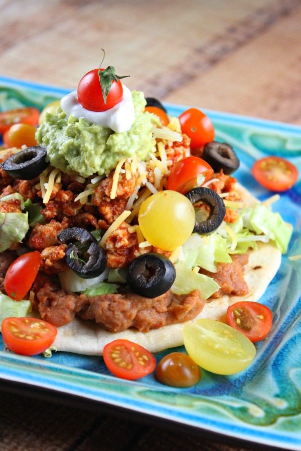 Turkey Tostada on a blue plate