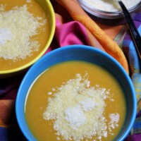 Tuscan Pumpkin White Bean Soup in a blue bowl