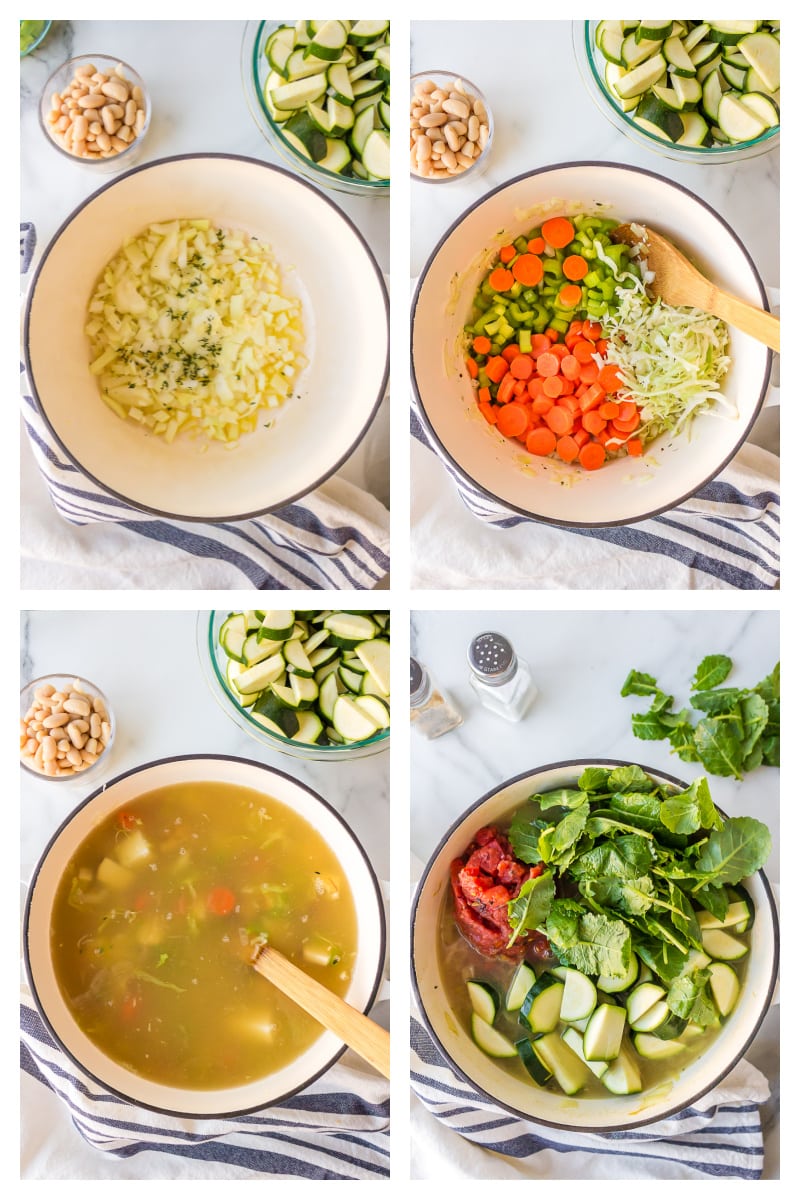 four photos showing process of making vegetable soup in pot