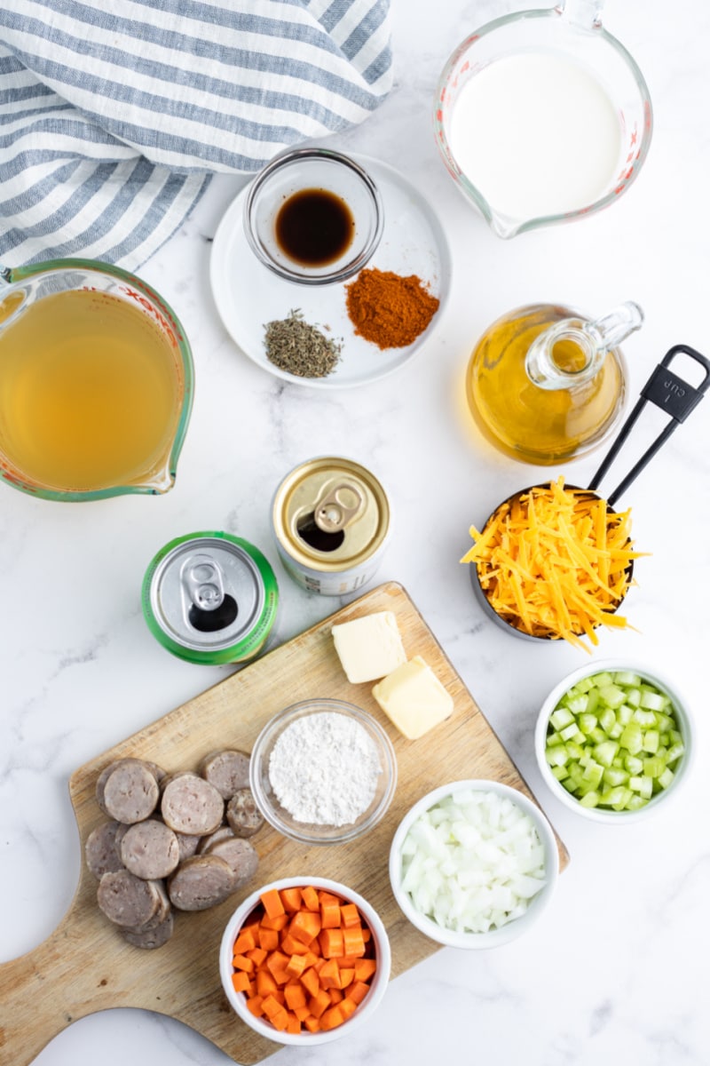 ingredients displayed for making beer cheese soup