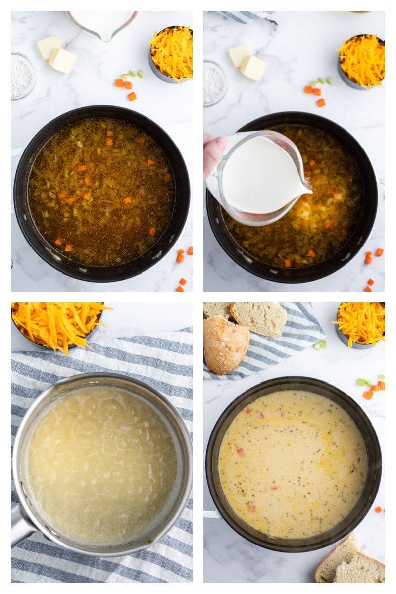 four photos showing how to make beer cheese soup in a pot