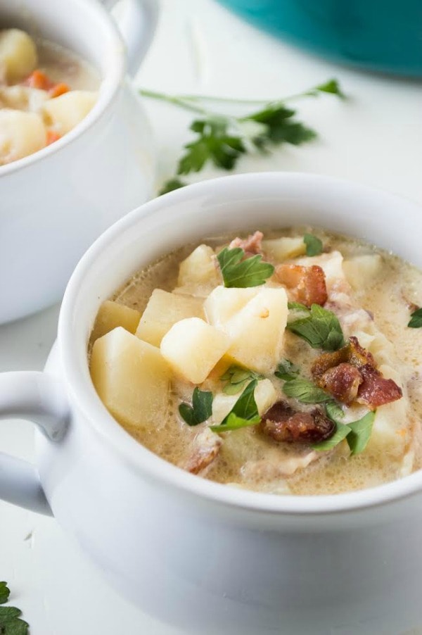 Potato Soup with Bacon in a white bowl