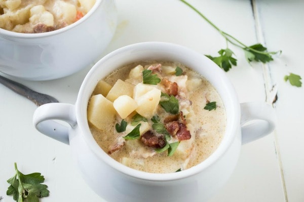 Potato Soup with Bacon in a white bowl