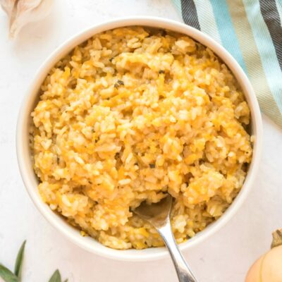 butternut squash risotto in a white bowl