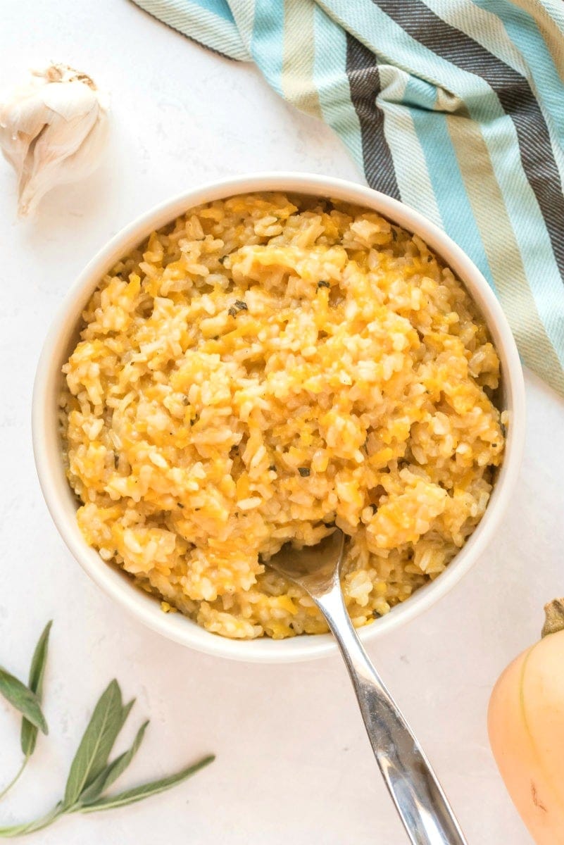 butternut squash risotto in a white bowl