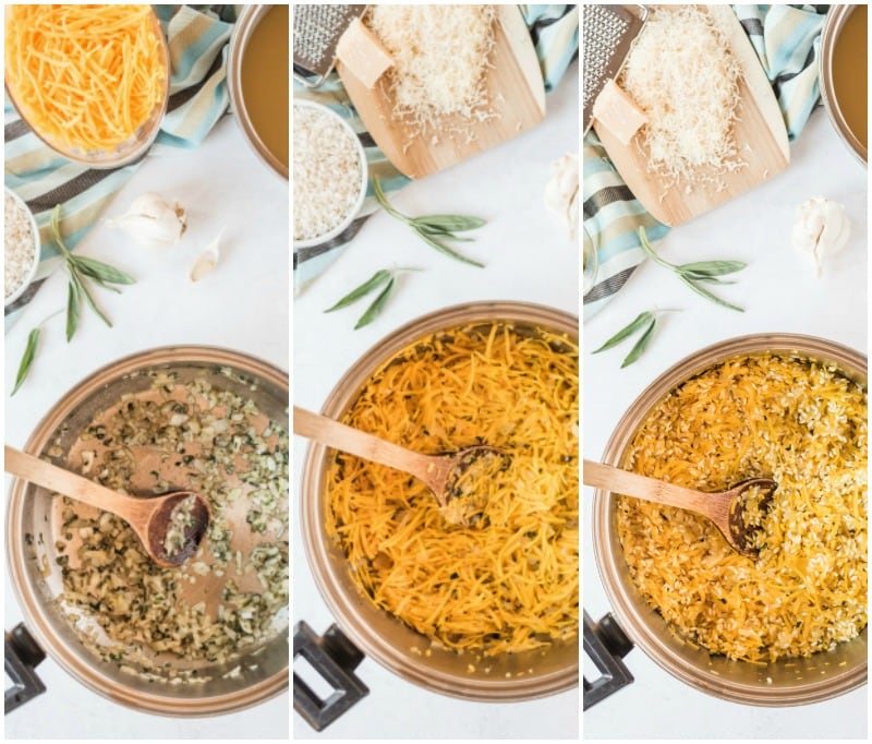 three pictures showing process of making butternut squash risotto