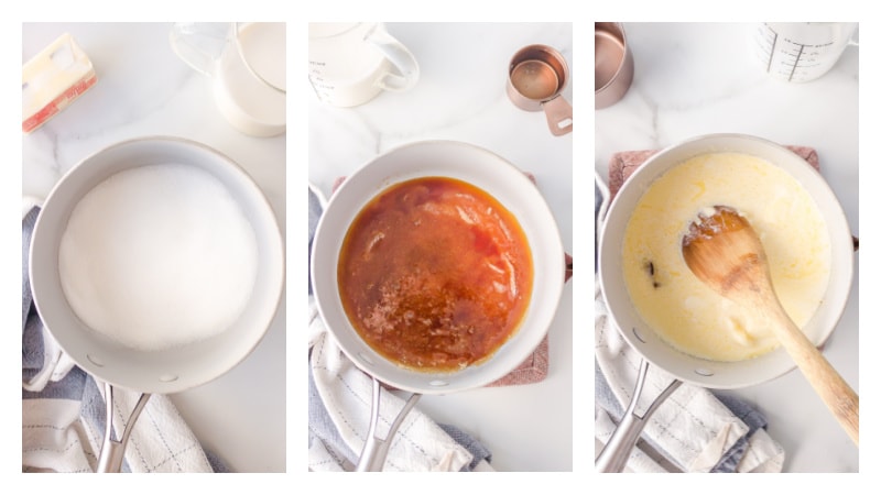 three photos showing process of making caramel in pan