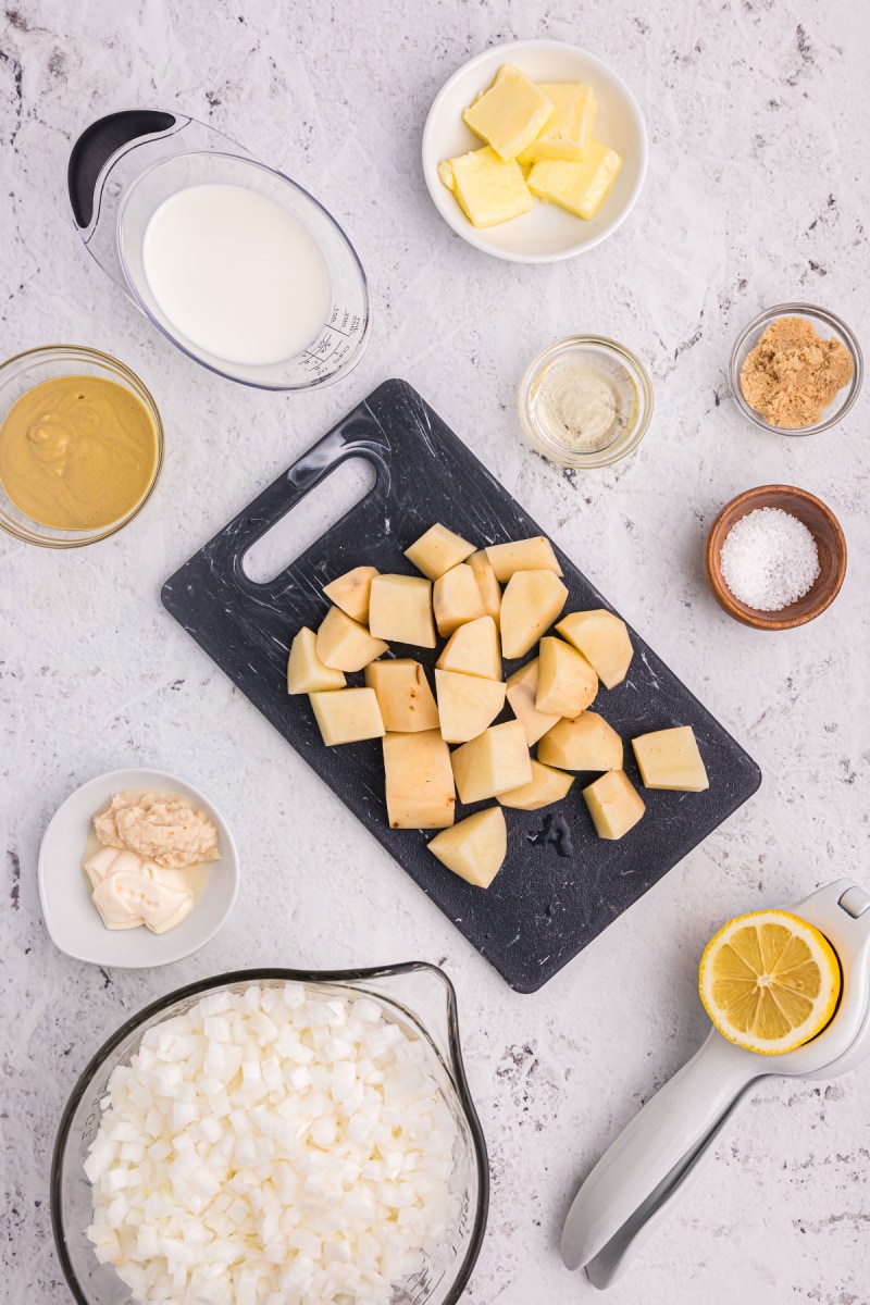 ingredients displayed for making caramelized onion and horseradish mashed potatoes