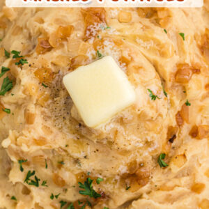 pinterest image for caramelized onion and horseradish mashed potatoes