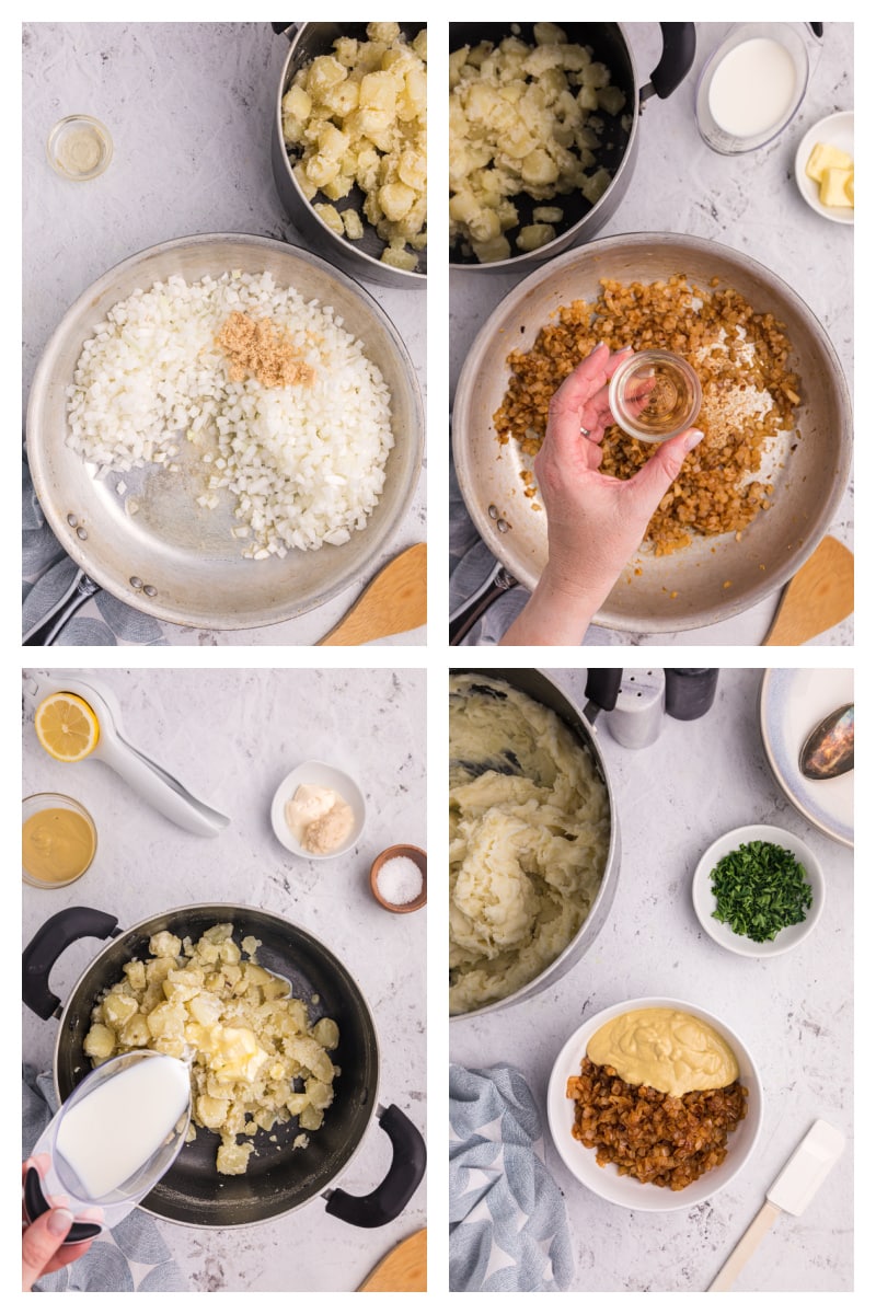 four photos showing how to make caramelized onion mashed potatoes