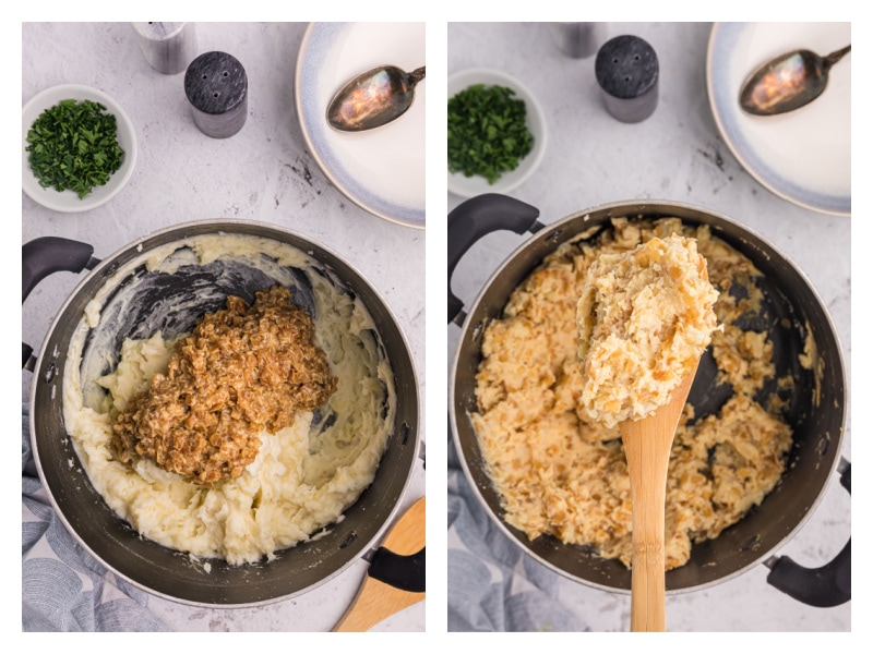 two photos showing mixing of caramelized onion mashed potatoes