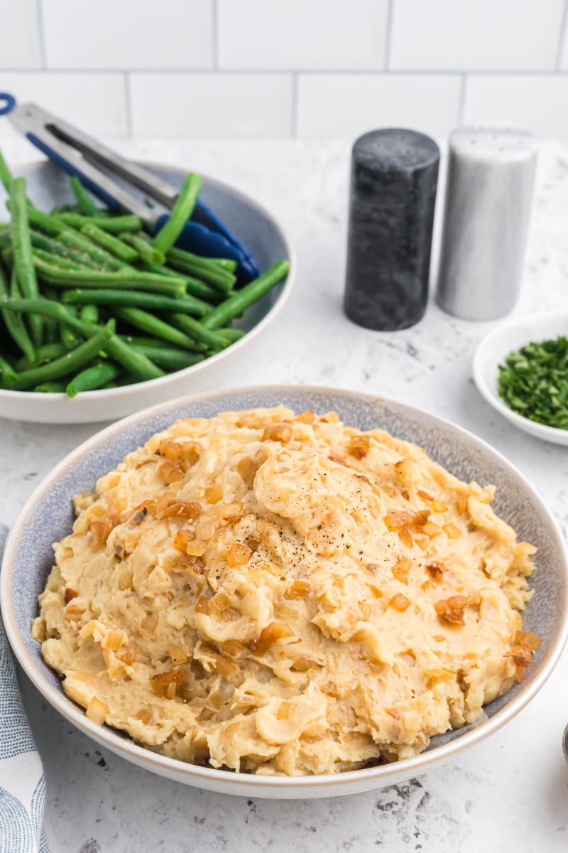 caramelized onion and horseradish mashed potatoes in a bowl