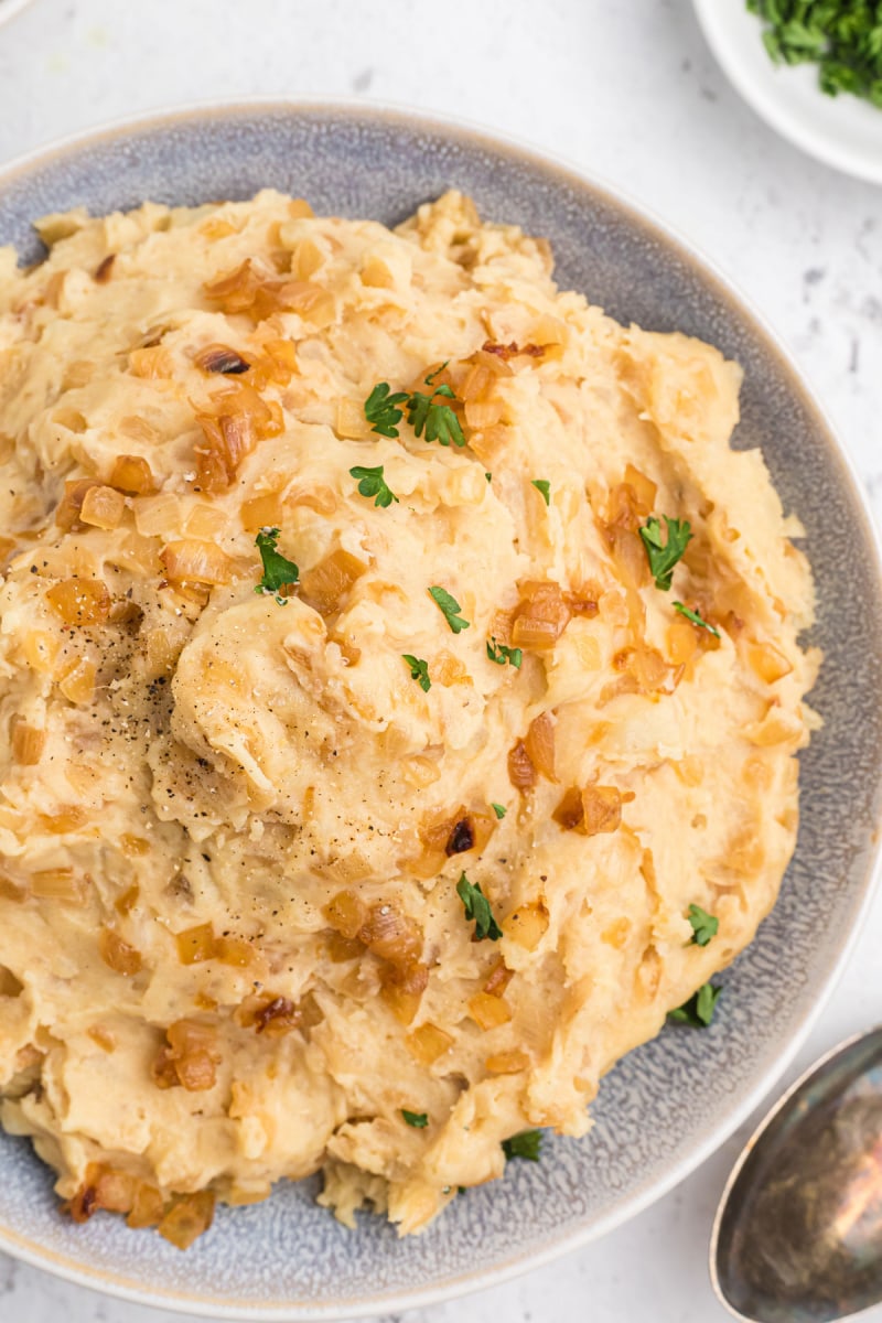 caramelized onion and horseradish mashed potatoes in a bowl