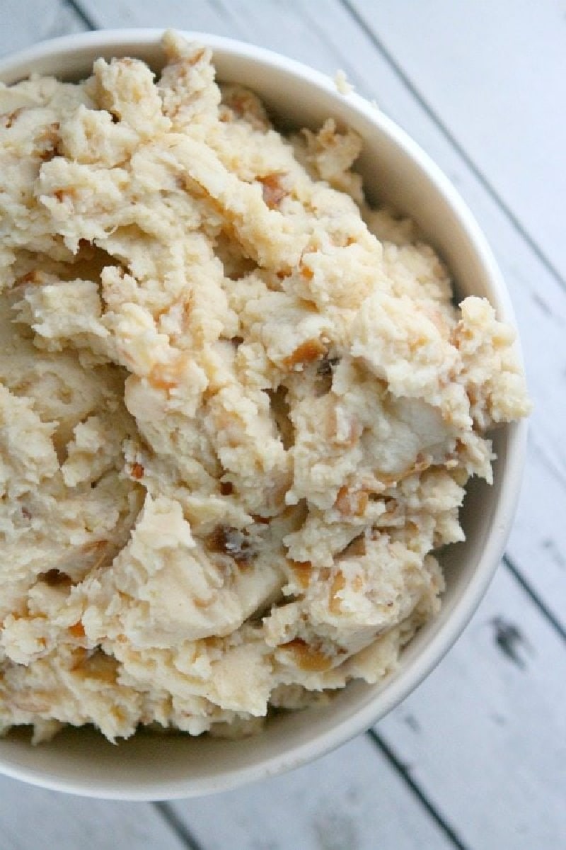 bowl of caramelized onion and horseradish mashed potatoes