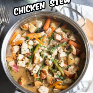 pinterest image for chicken stew with balsamic roasted vegetables