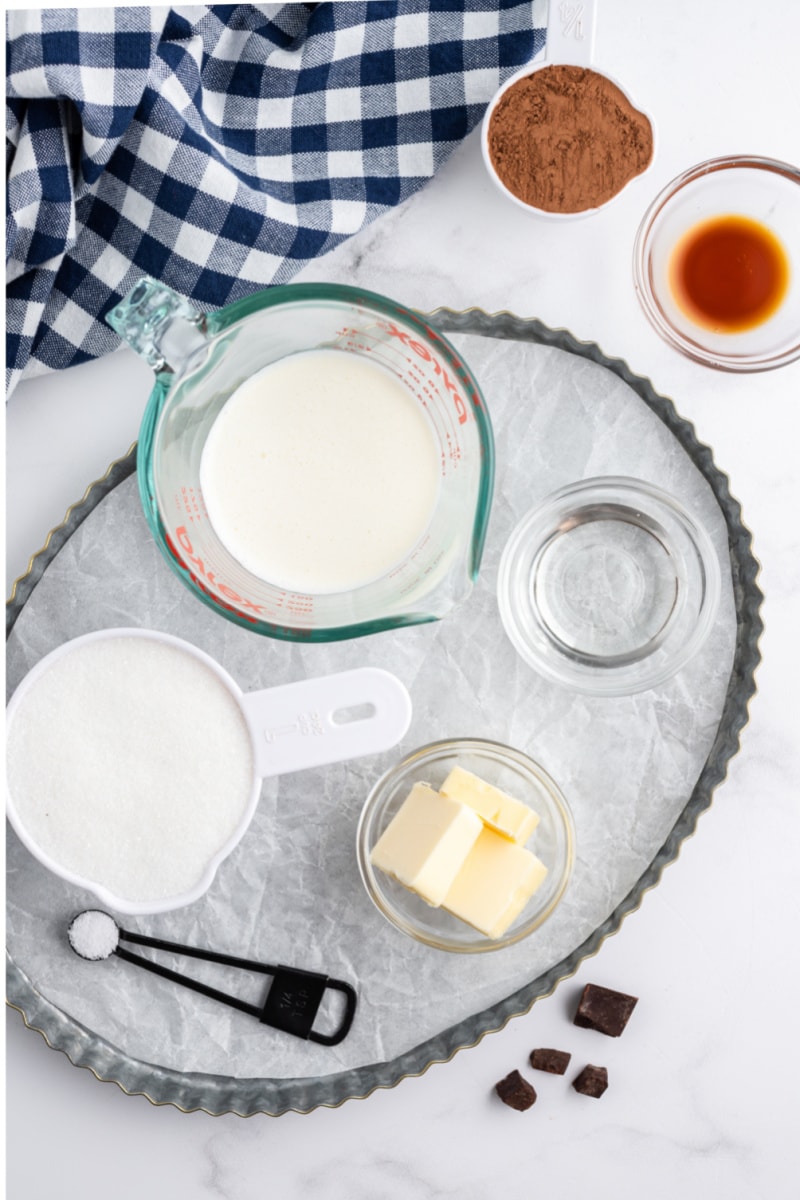 ingredients displayed for making chocolate fudge sauce