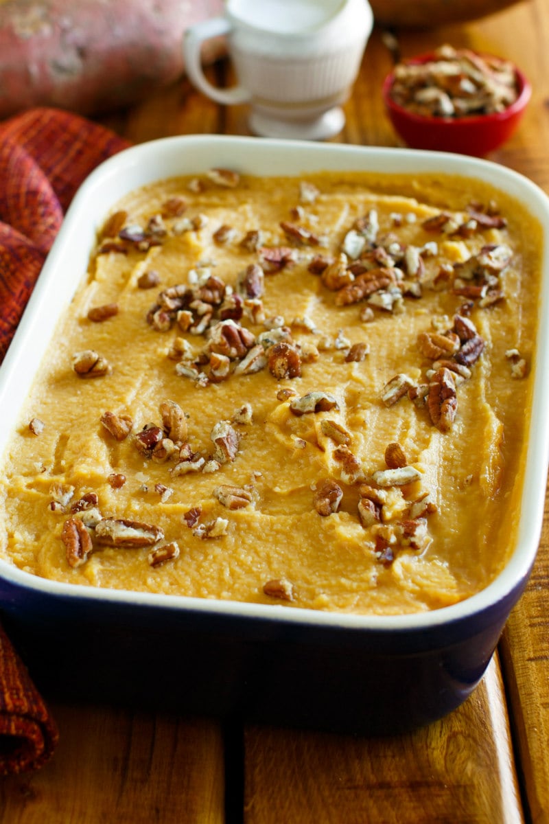 Creamy Mashed Sweet Potatoes in a casserole dish