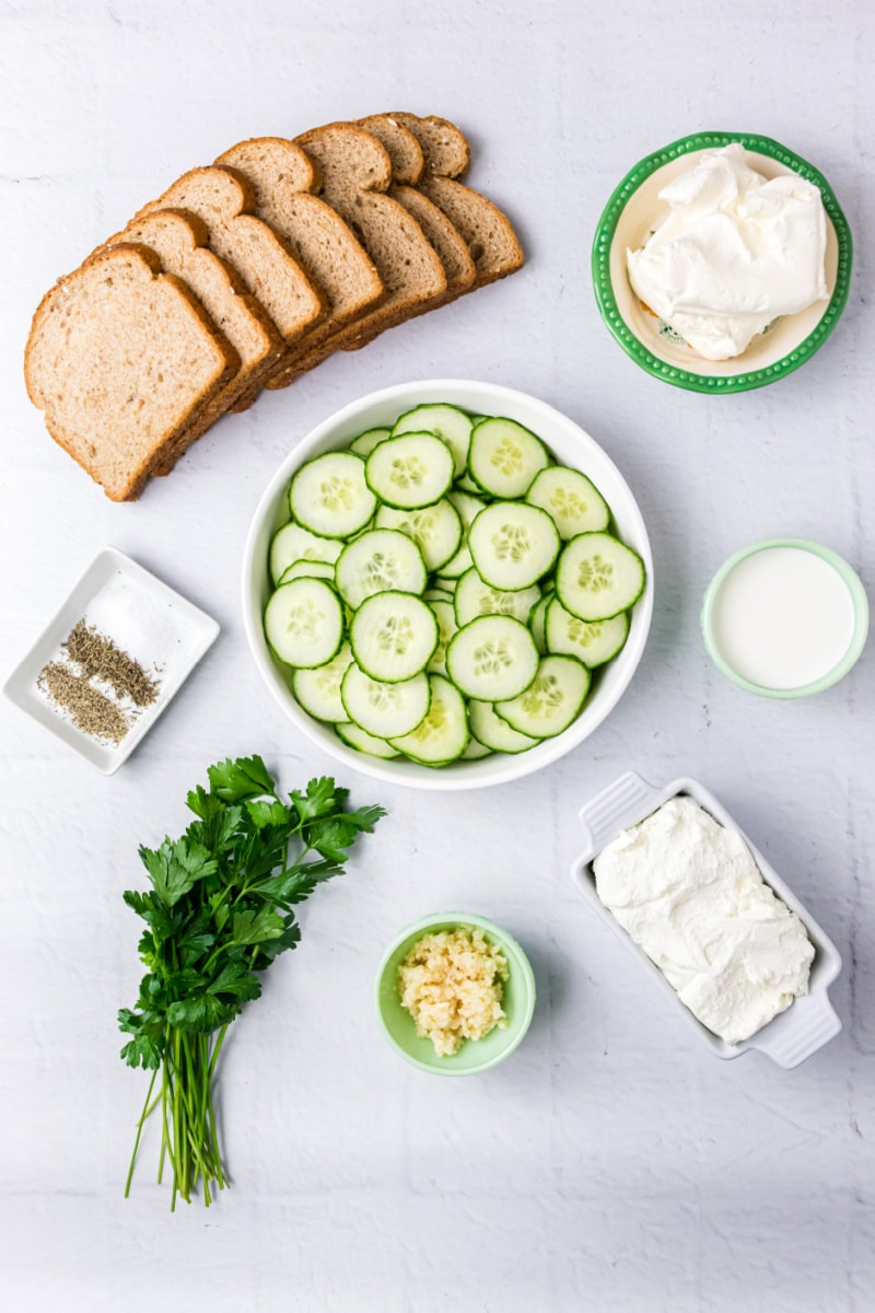 ingredients displayed for making goat cheese finger sandwiches