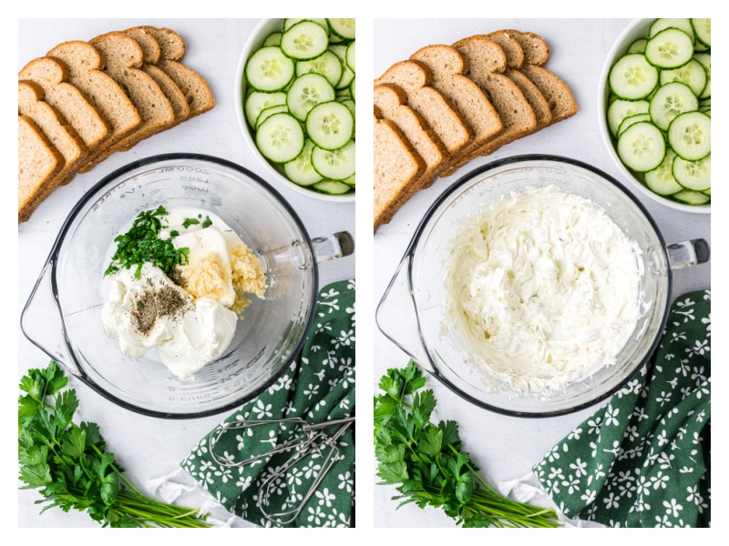two photos showing how to make filling for goat cheese sandwiches