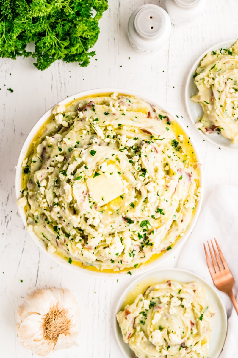 blue cheese mashed potatoes in bowls