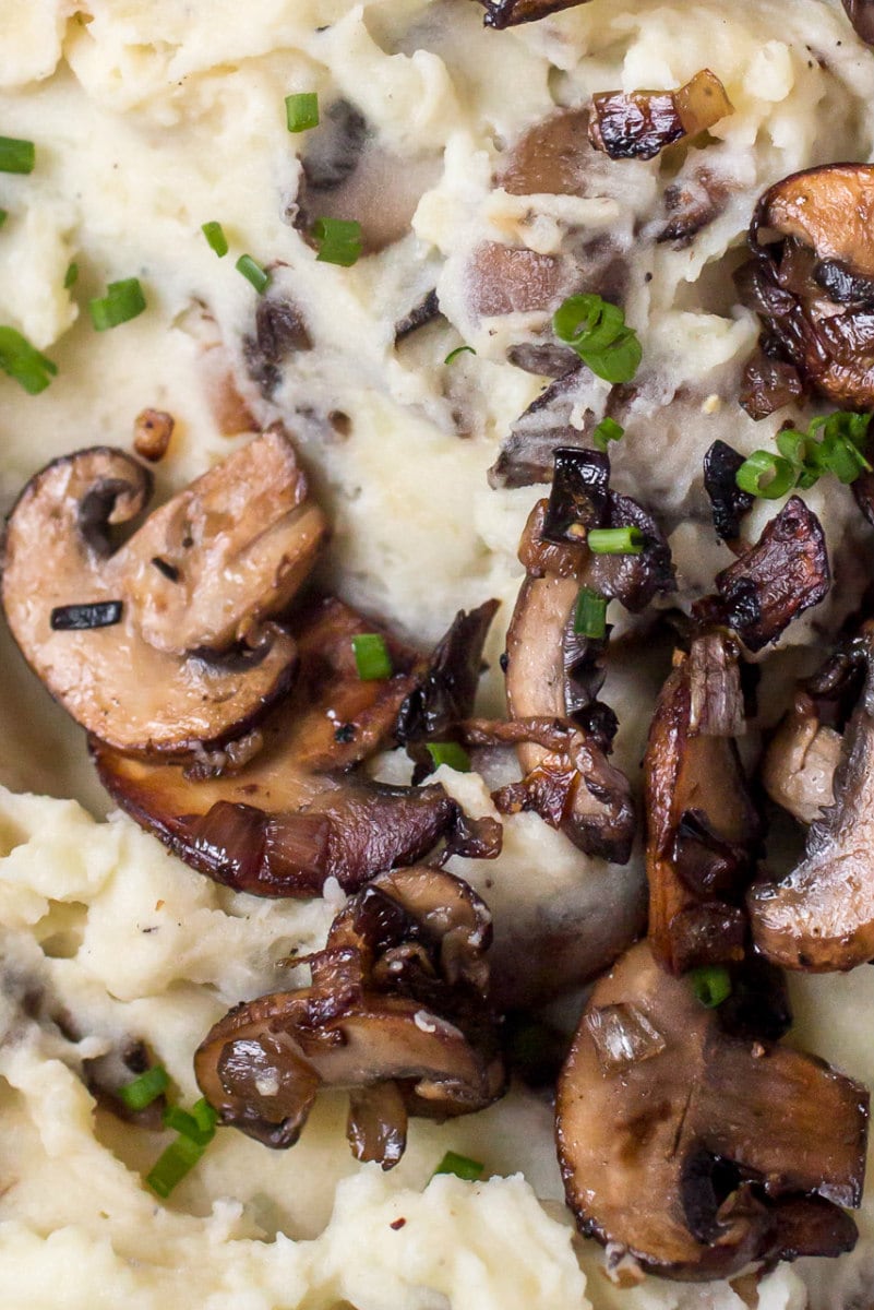 Close up of mashed potatoes with mushrooms