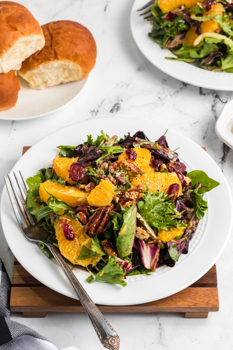 mixed green salad with oranges and dried cranberries on a white plate