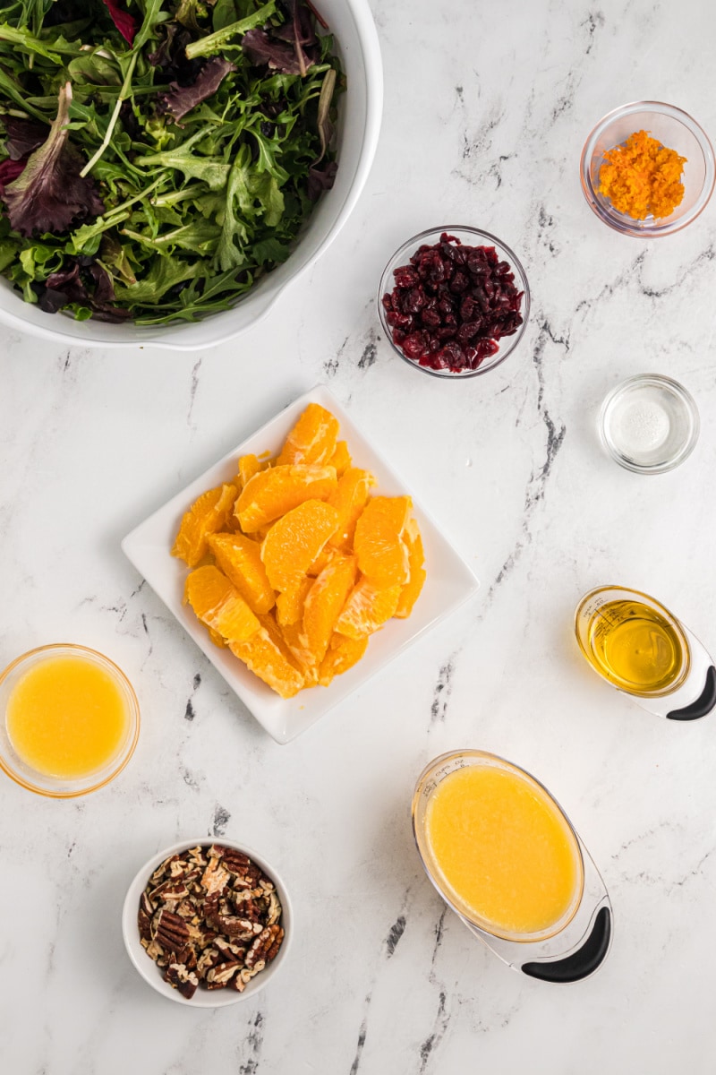 ingredients displayed for making mixed green salad with oranges and dried cranberries