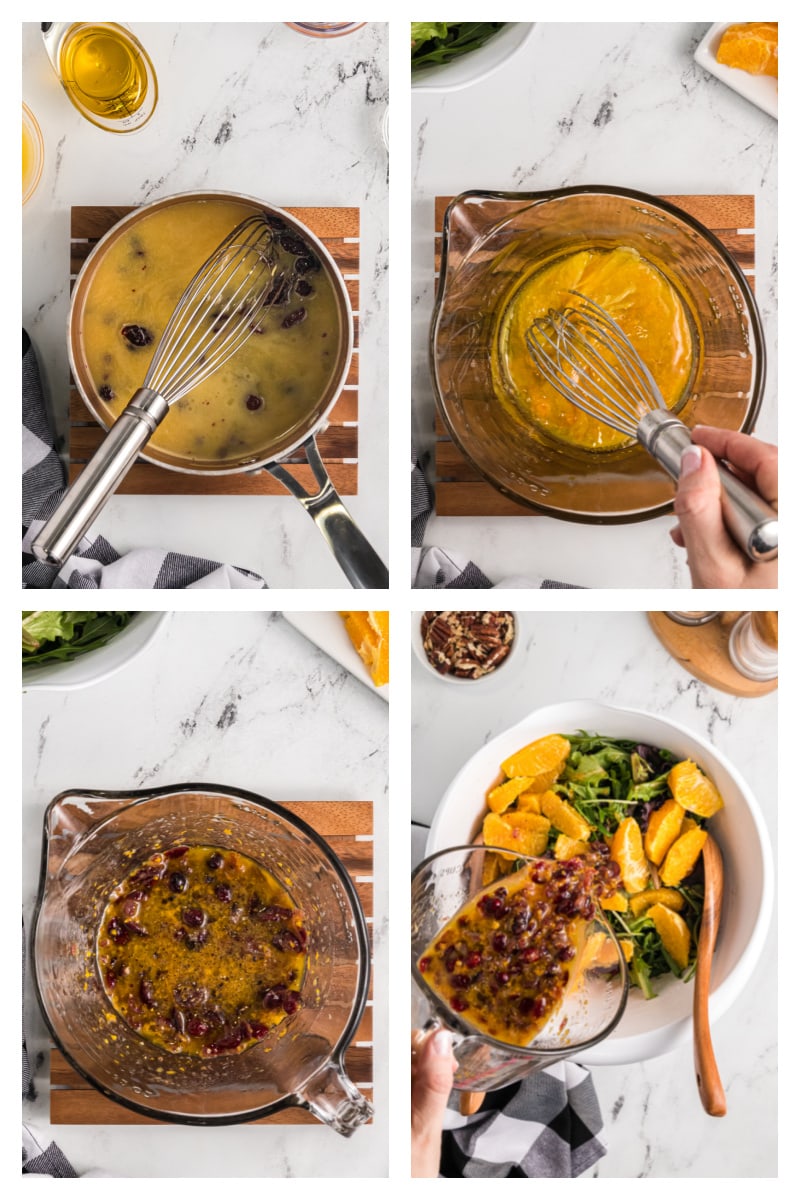 four photos showing how to make salad dressing and pouring over salad
