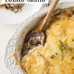 pinterest image for mushroom potato gratin
