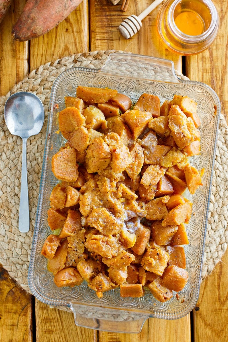 orange yams in a casserole dish