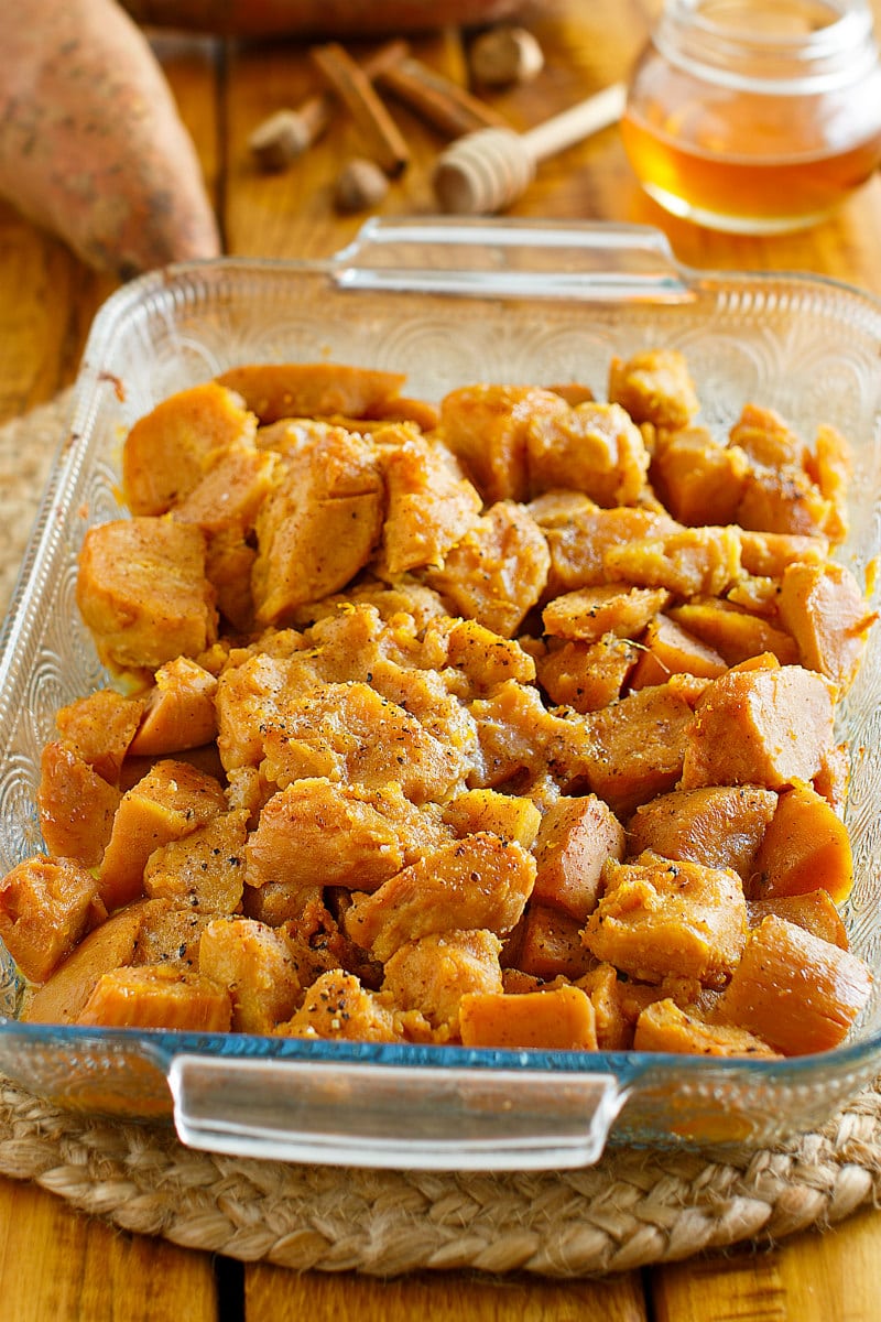 orange yams in a casserole dish