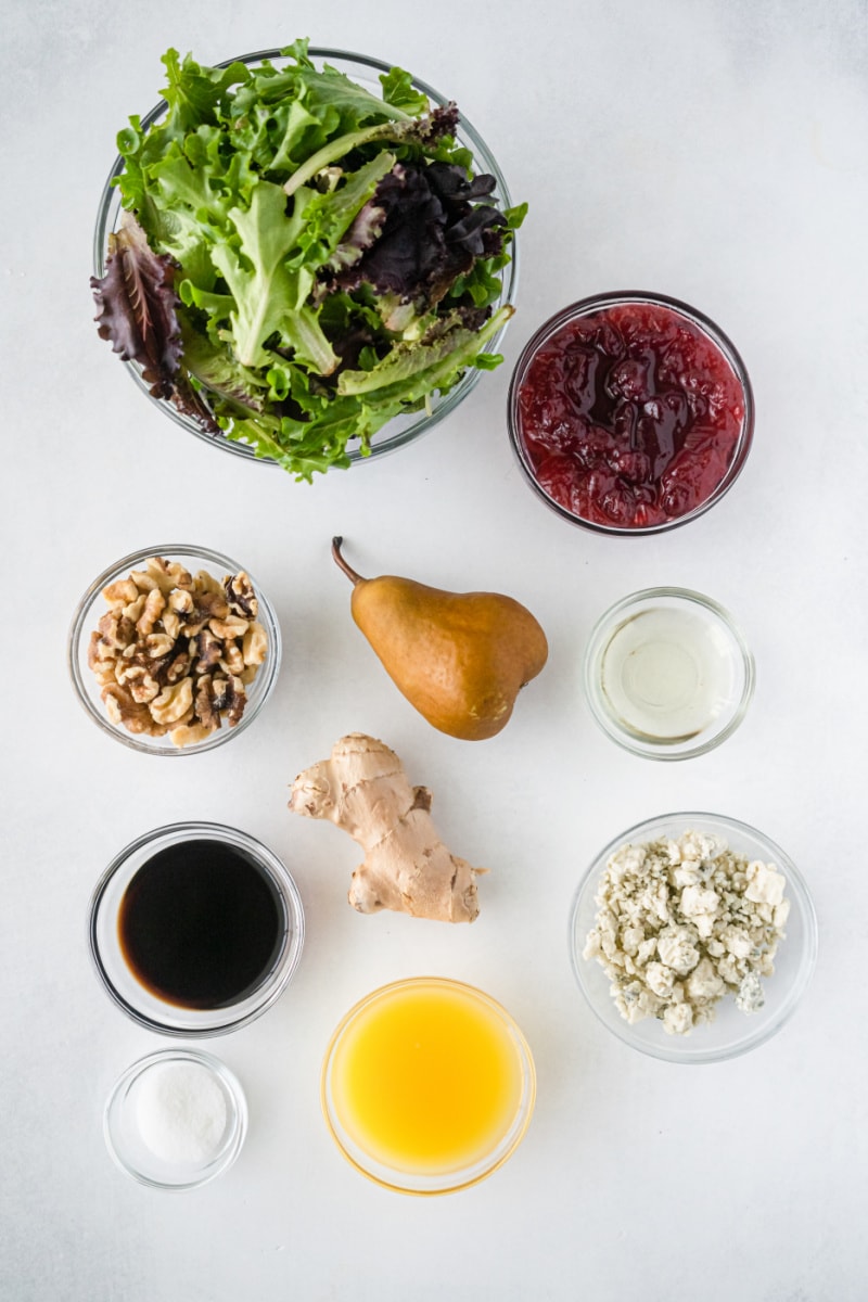 ingredients displayed for making pear walnut blue cheese salad