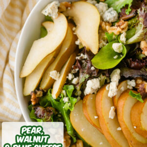 pinterest image for pear walnut and blue cheese salad
