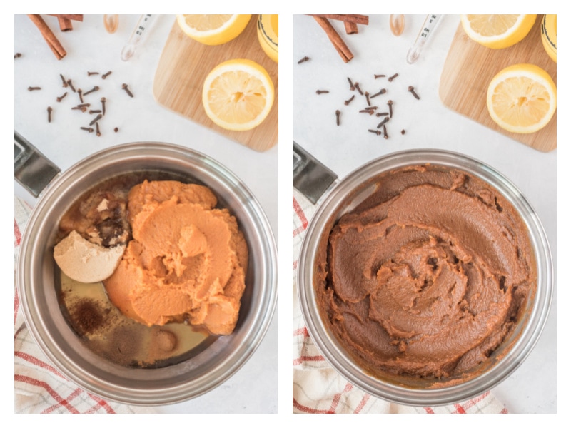2 photos showing pumpkin butter being made in a saucepan and then finished pumpkin butter in 2nd photo