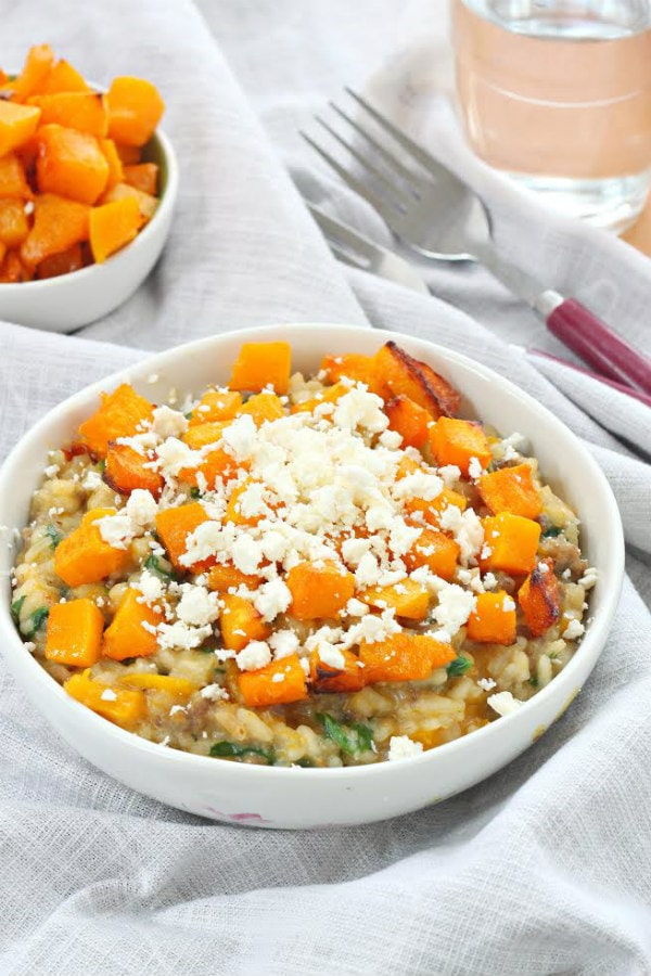 roasted pumpkin sausage risotto with feta