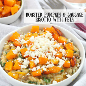 pinterest image for roasted pumpkin and sausage risotto