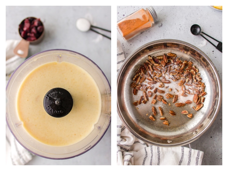 two photos salad dressing in food processor and nuts in skillet