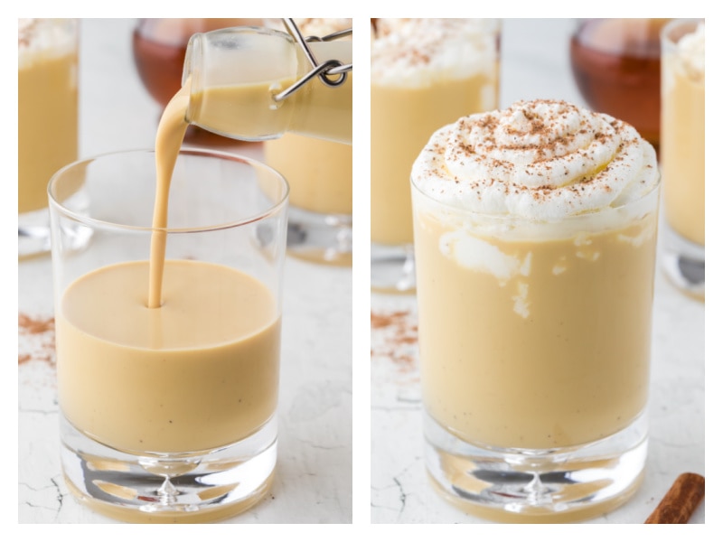 two photos showing pouring eggnog into glass and then with whipped cream
