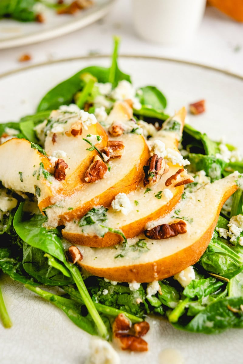 spinach and pear salad close up