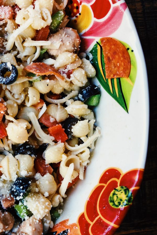 Pizza Pasta Salad in a colorful bowl