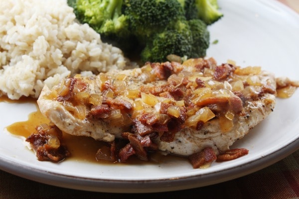 Chicken with Cider and Bacon Sauce on a white plate