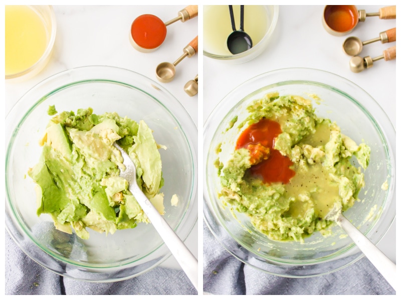 two photos showing how to make guacamole in a bowl
