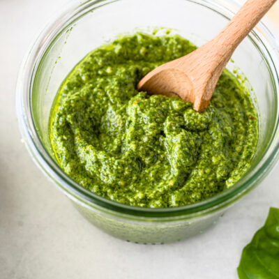 Classic Pesto Sauce in a bowl with spoon