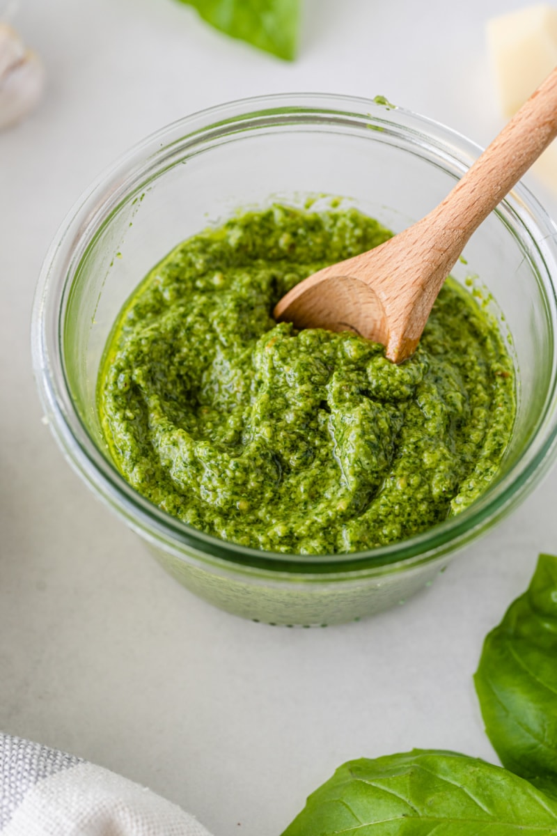 Classic Pesto Sauce in a bowl with spoon
