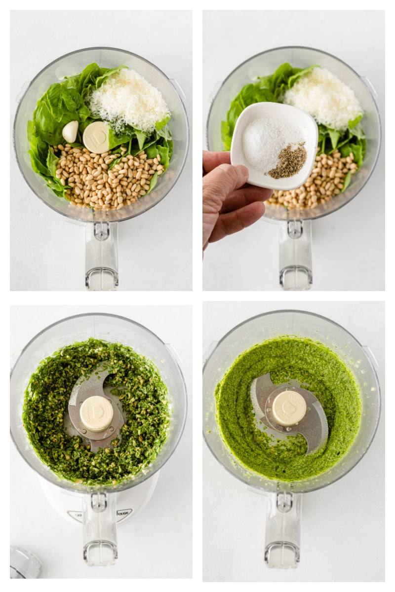 four photos showing how to make classic pesto sauce