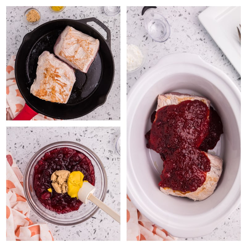 three photos showing pork roast cooking in skillet, sauce in bowl and then sauce poured on top of pork