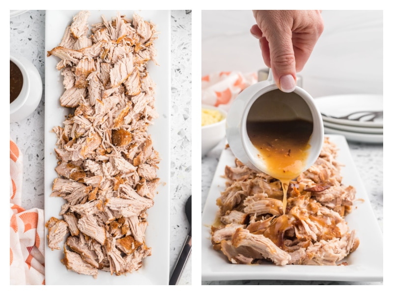 two photos showing platter of pulled pork and then pouring sauce on top of it