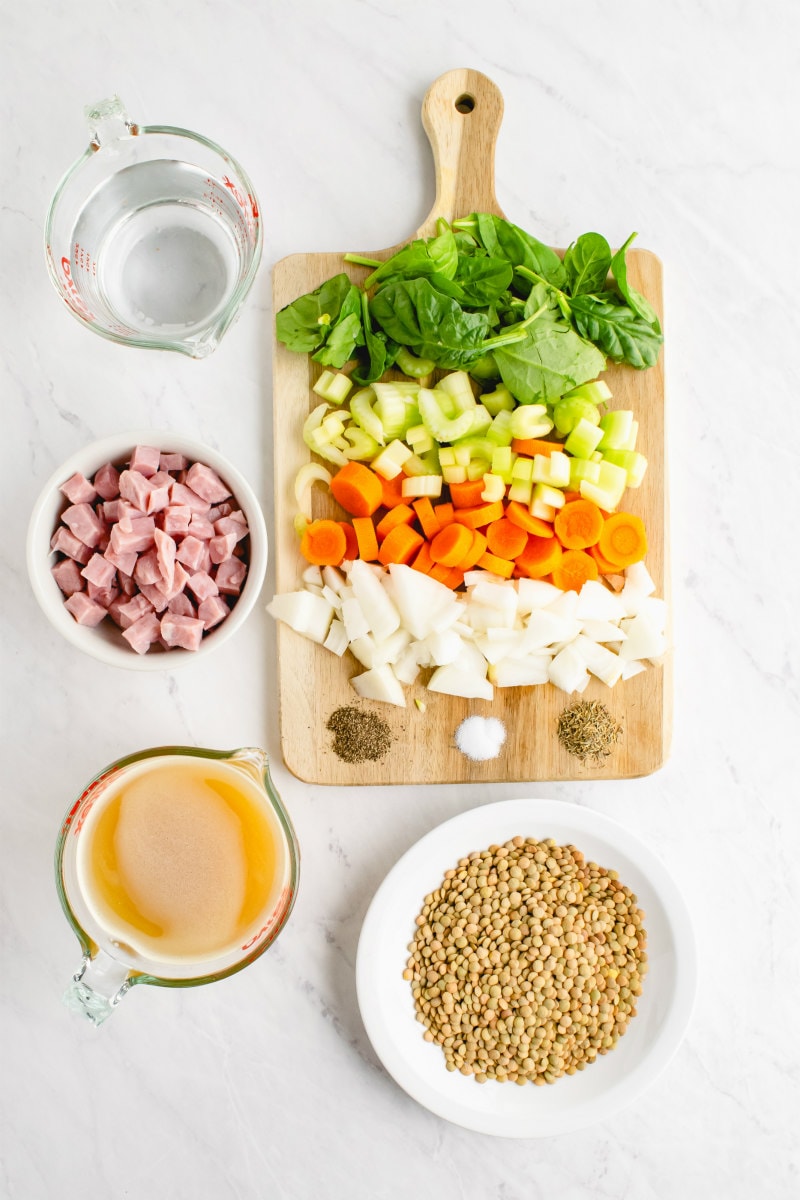 ingredients displayed for ham and lentil soup