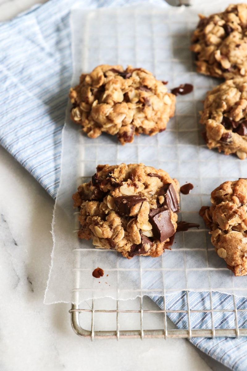 chocolate chip oatmeal cookies on a cooling rack